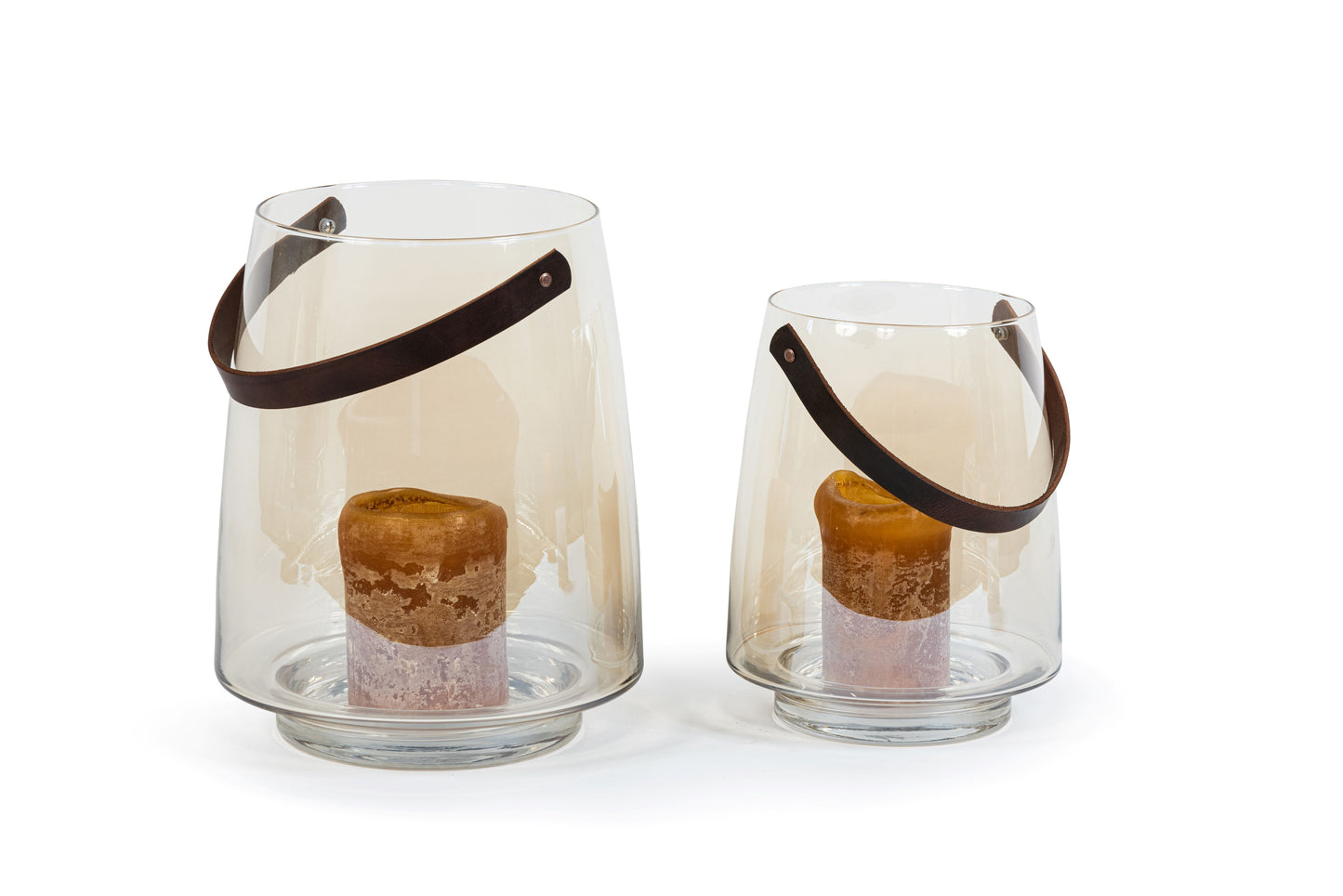 Windlicht met lederen handvat - kleur amber of smoke