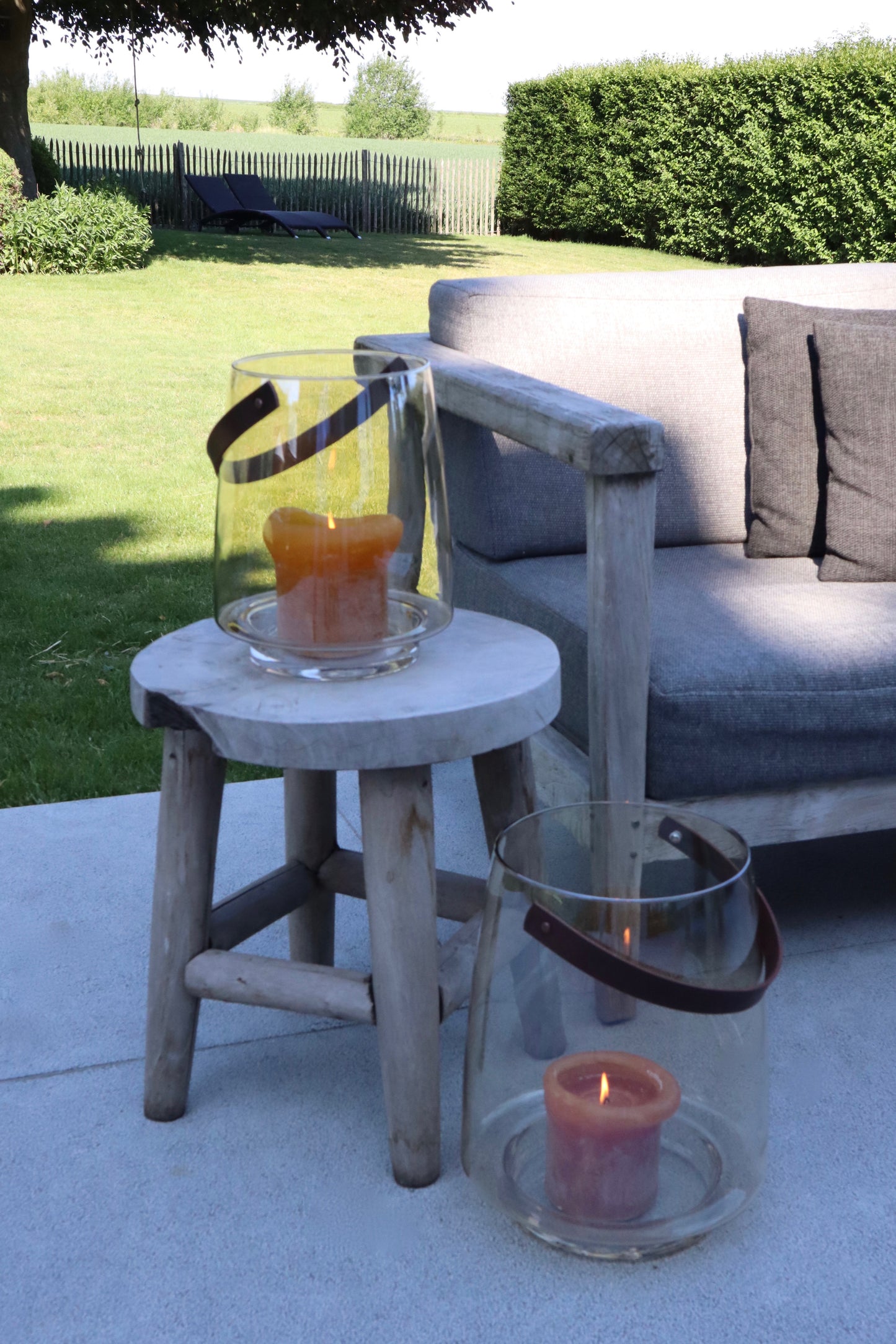 Windlicht met lederen handvat - kleur amber of smoke