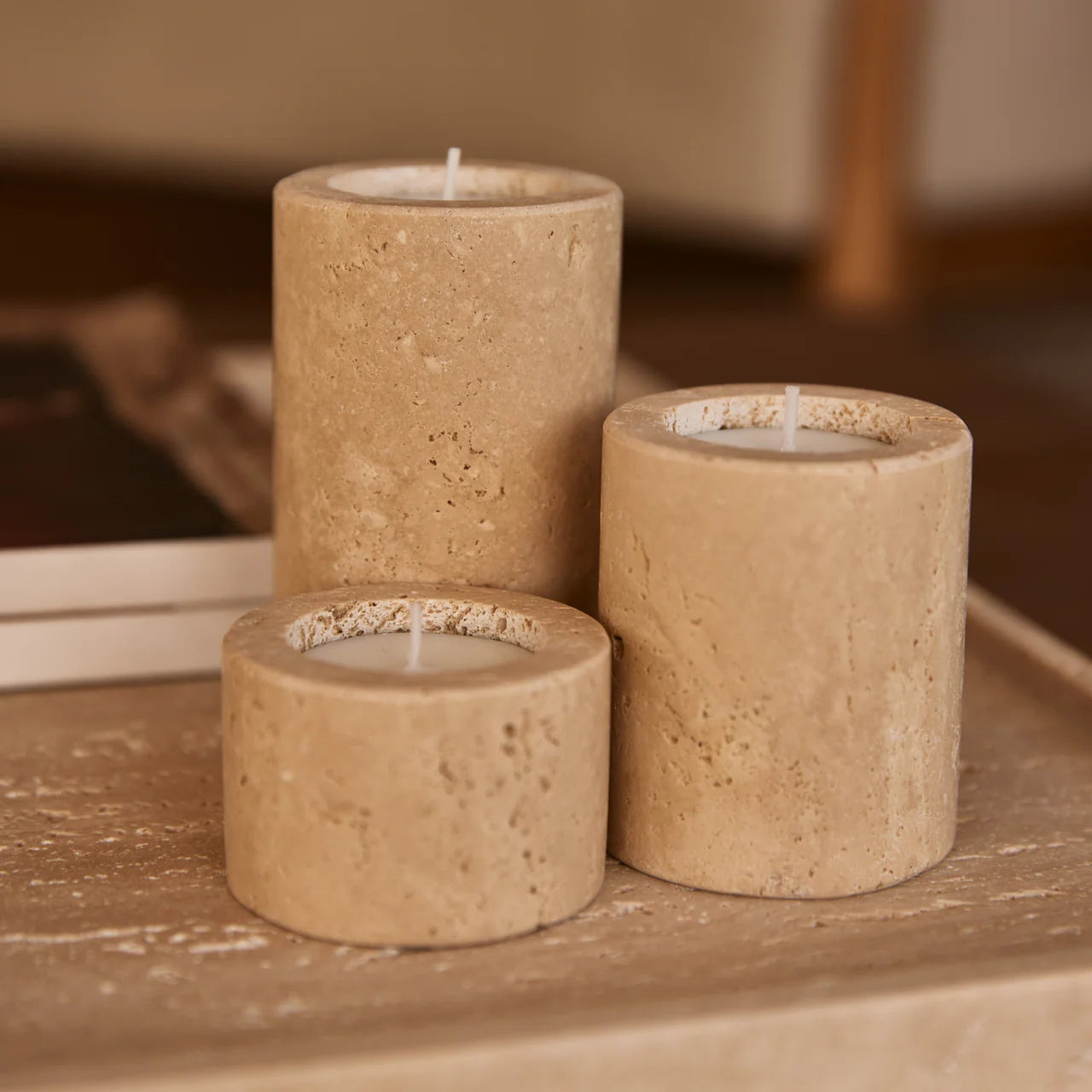 Travertin Theelichthouder - kleur beige (S/M/L)