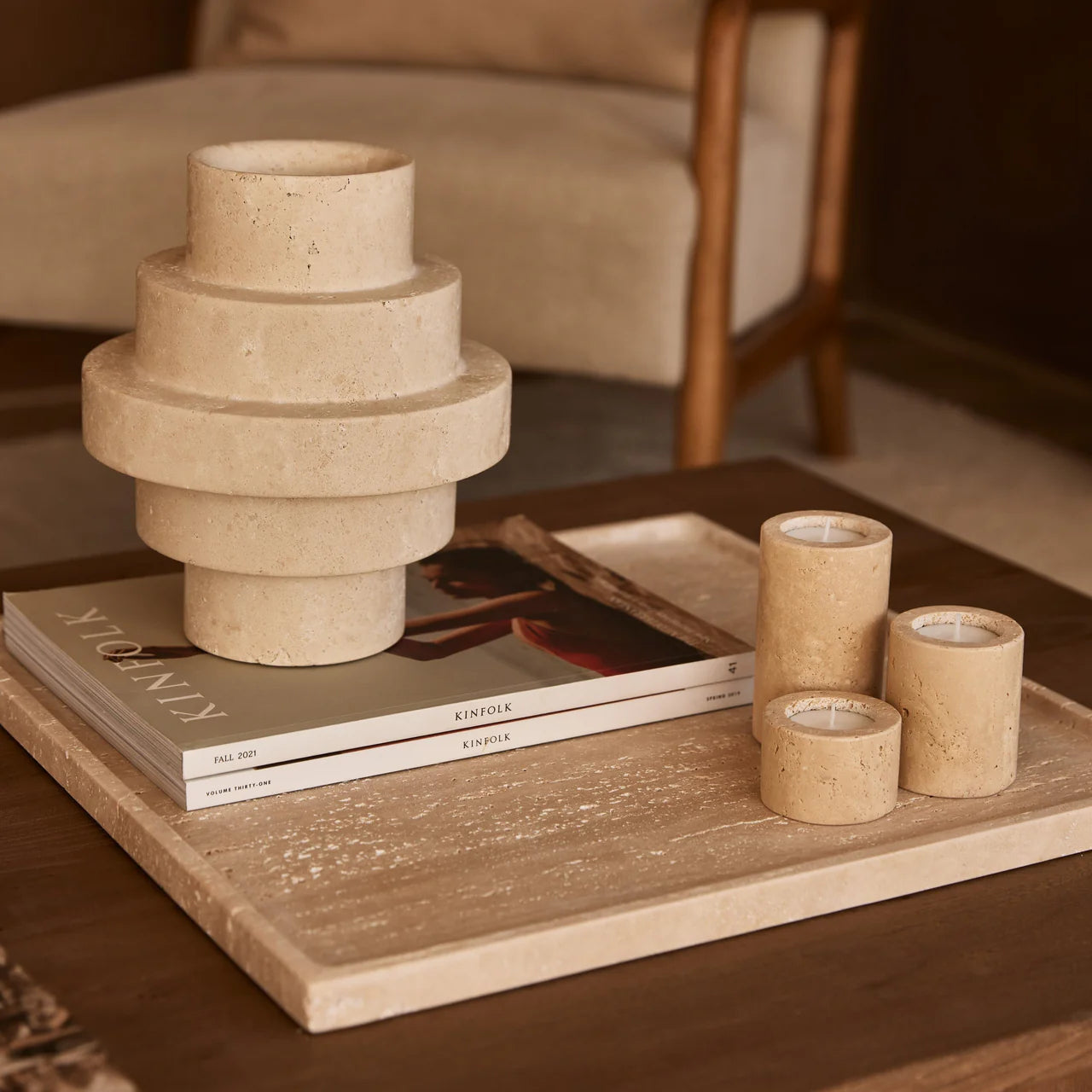 Travertin Theelichthouder - kleur beige (S/M/L)